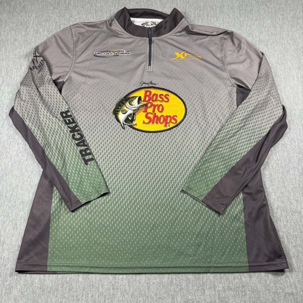 Bass Pro Shops Jersey Men 2XL Gray Green Performance Fishing 1/4 Zip Tournament